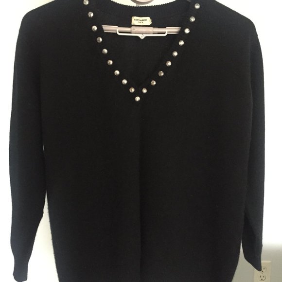 Yves Saint Laurent Cashmere V-neck with distressed silver studs. - Picture 2 of 7